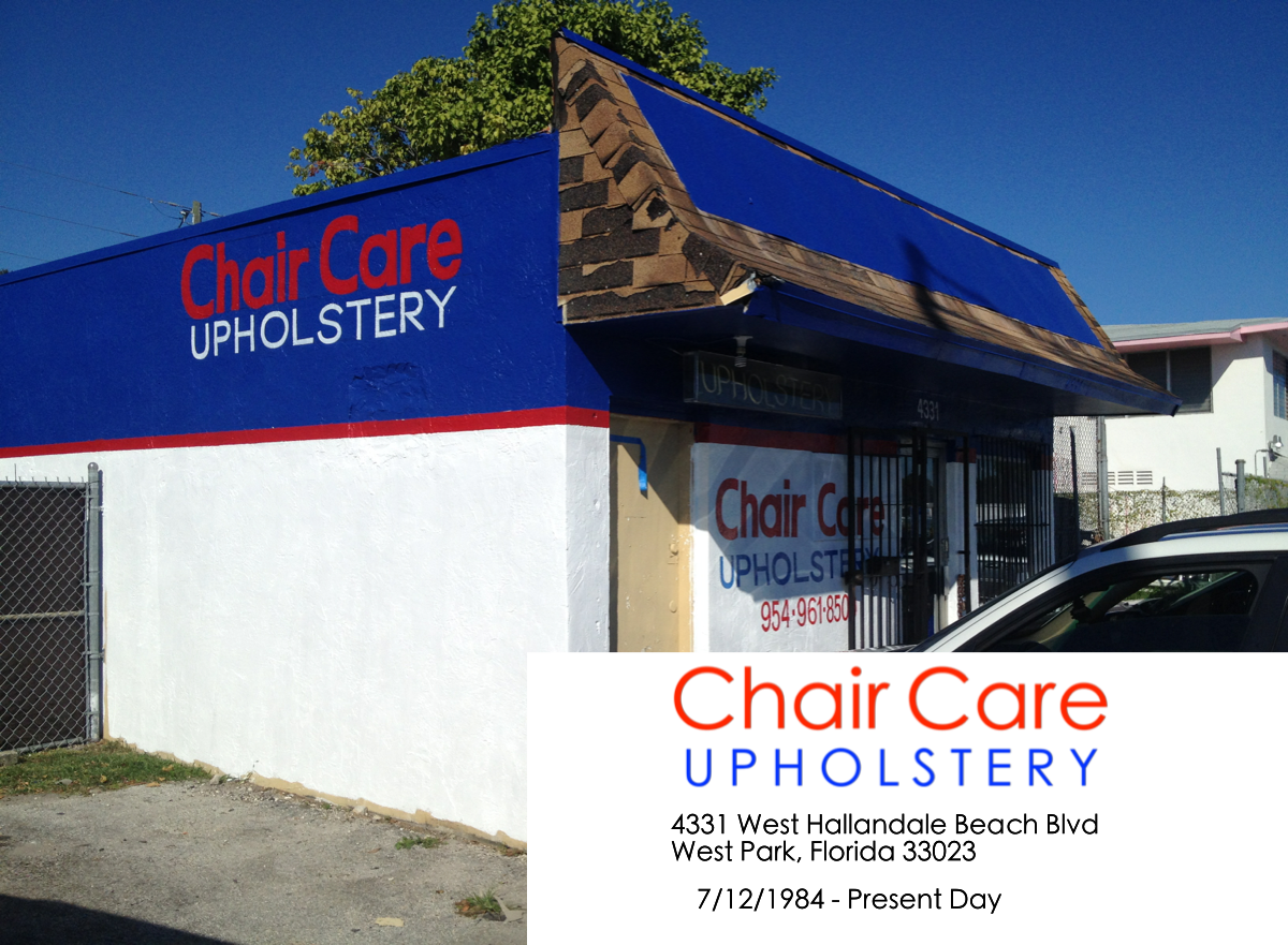 Chair Care Upholstery 7:11:1984 - Present Day a white and blue building with red and white text