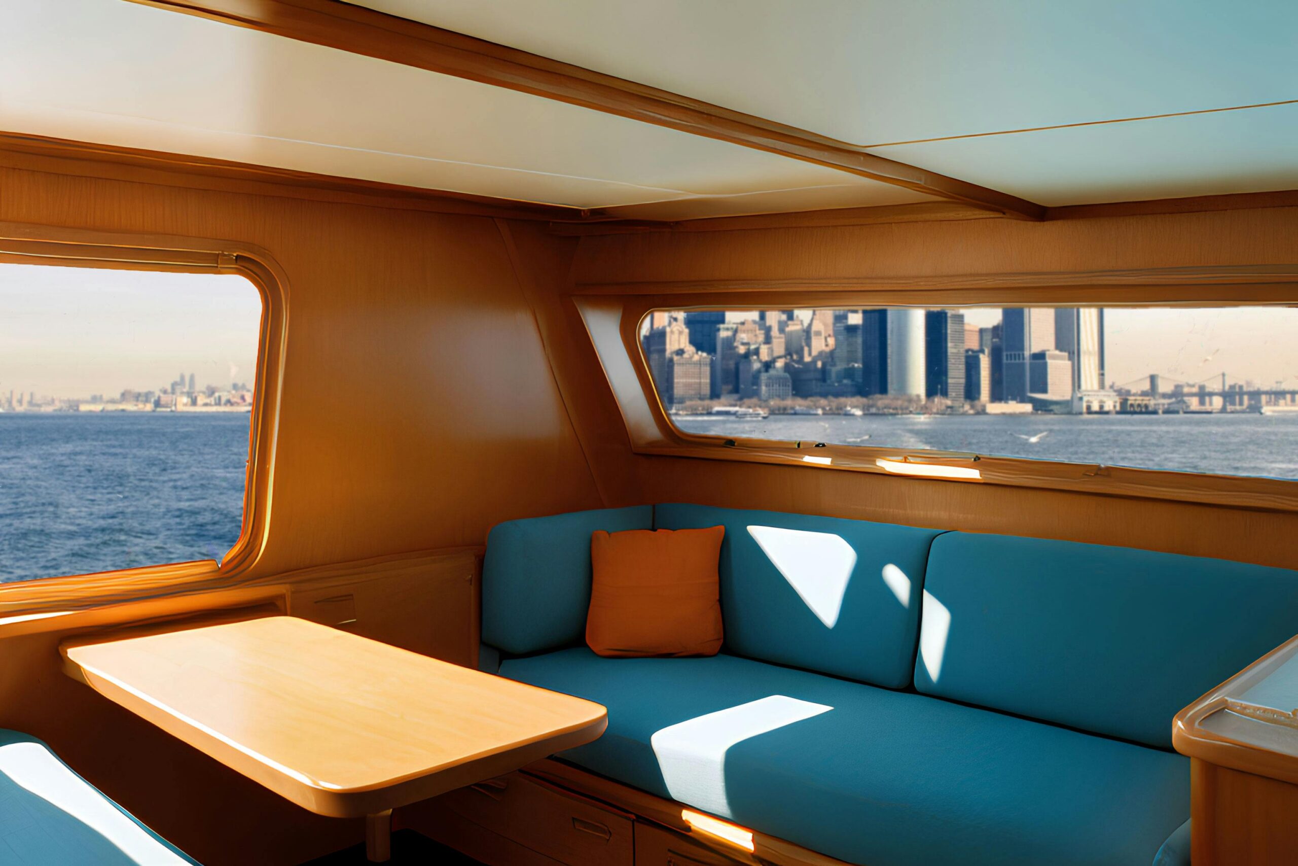 Boat upholstery repair by experts in Hollywood, FL by Chair Care Upholstery Spacious yacht cabin with modern decor overlooking the Manhattan skyline.