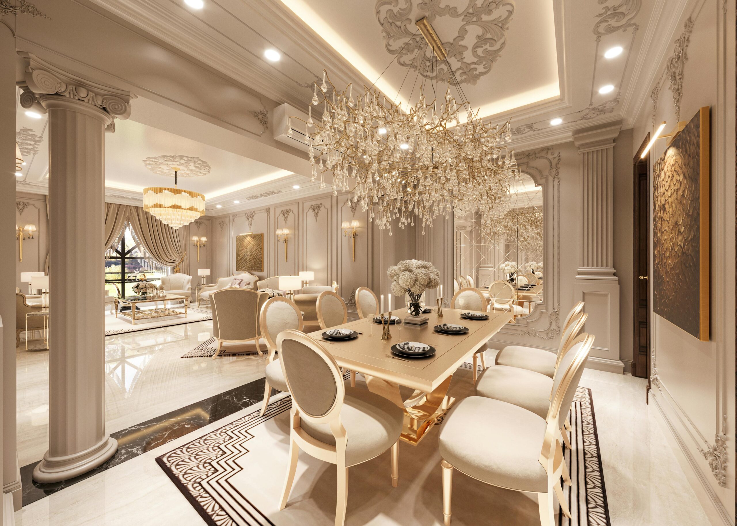 Chair Care Upholstery Custom-upholstered dining room chairs in Hollywood, FL Elegant dining room featuring luxurious chandeliers and classic design elements for a sophisticated ambiance.