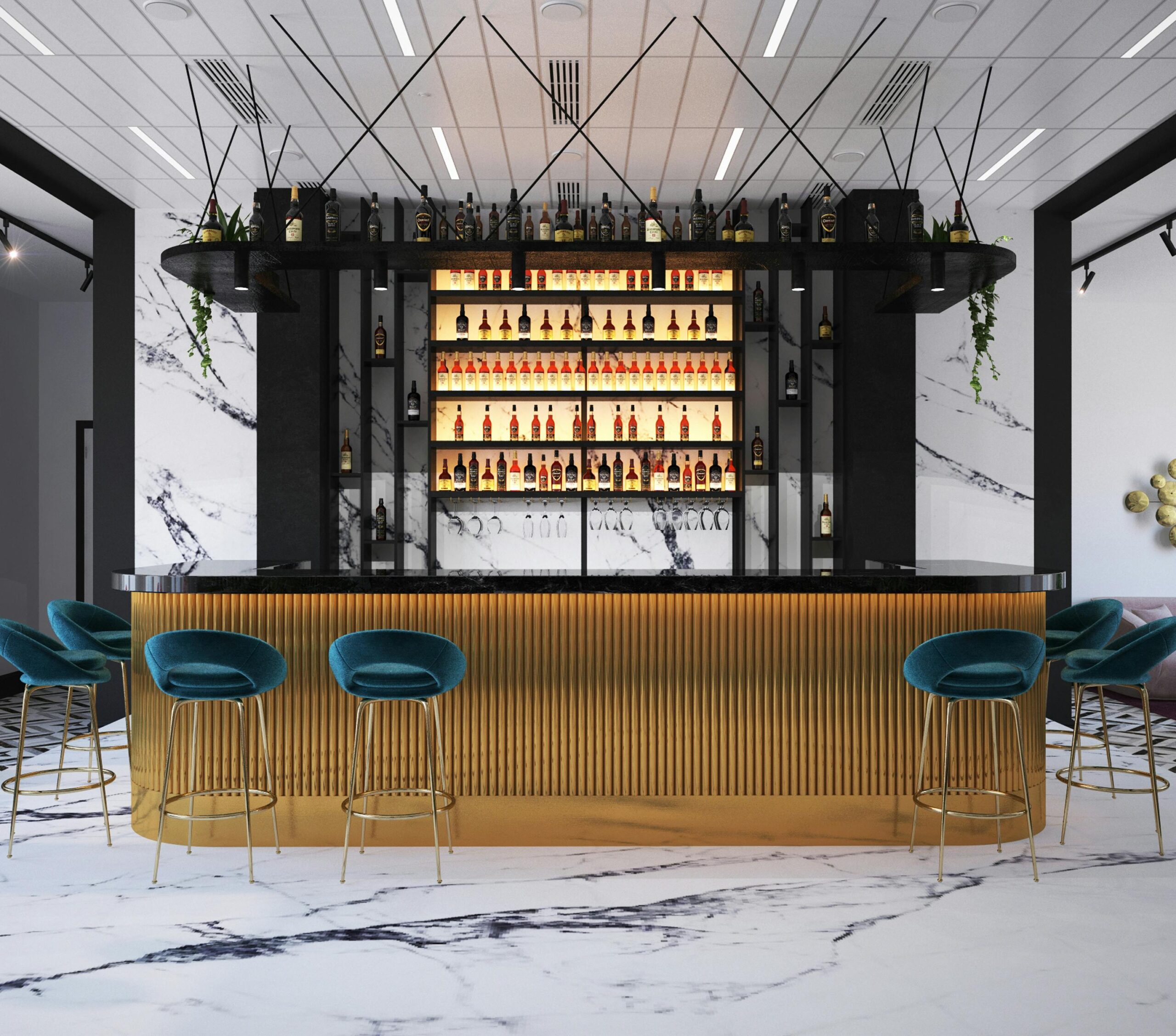 Elegant marble bar interior with illuminated shelves and plush teal seating, exuding luxury and style.